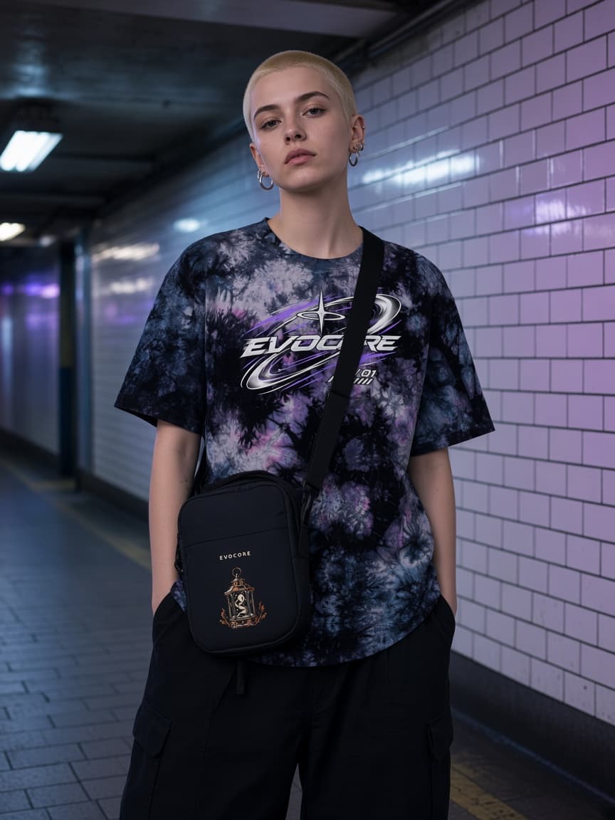 Afterimage Orbit tee and Lantern Dispatch crossbody bag styled together