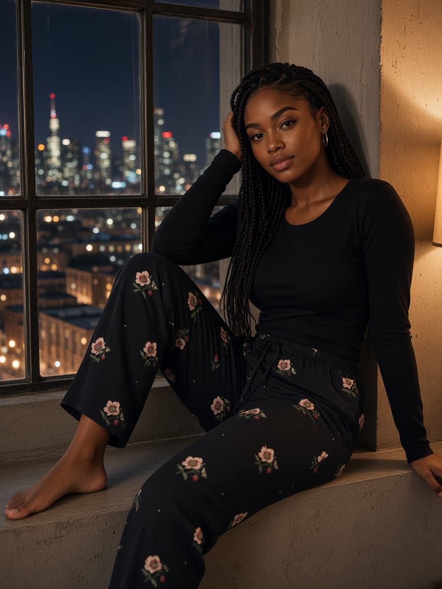 Night Garden floral pajama pants styled on a model