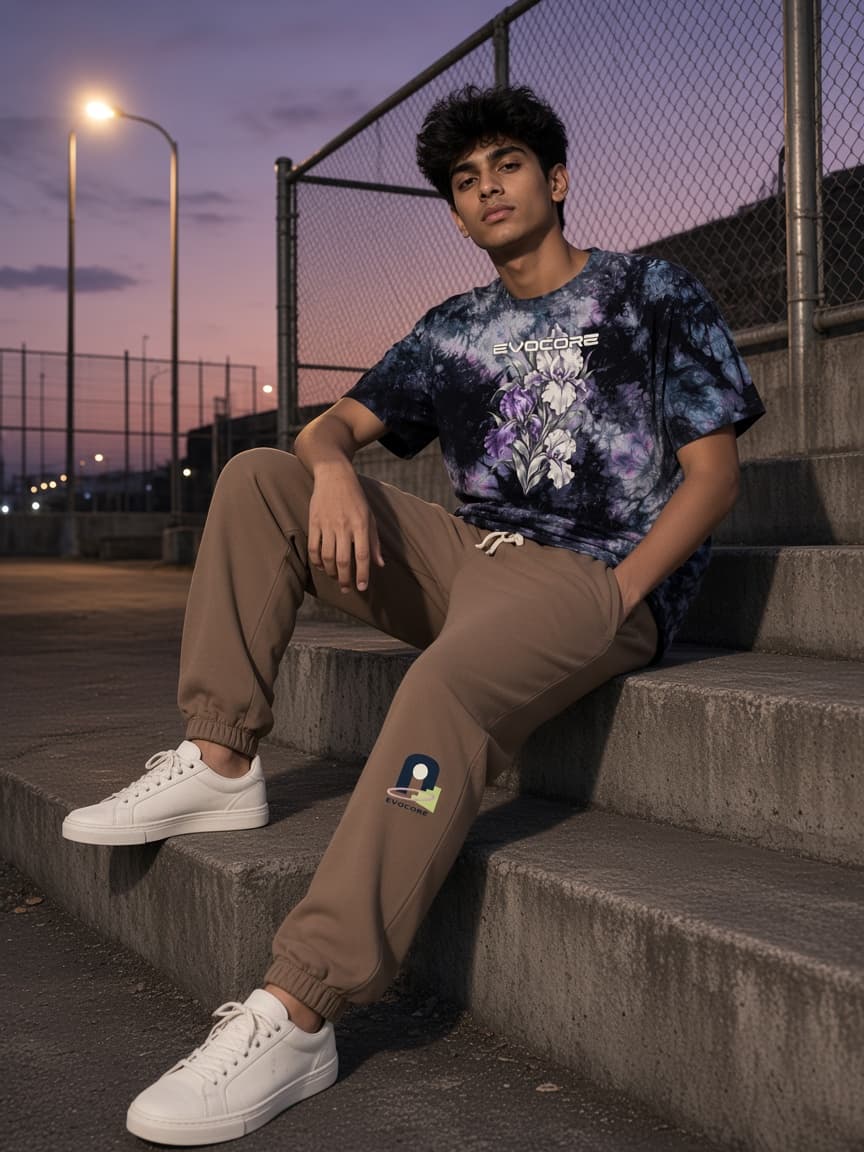 Violet Overgrowth tee and Violet Interval sweatpants styled together