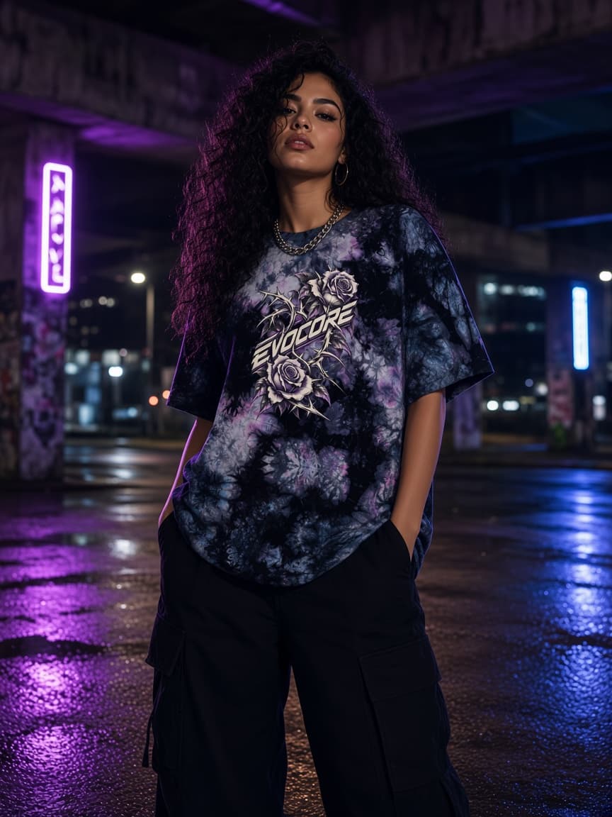 Thorn District tie-dye tee styled on a model