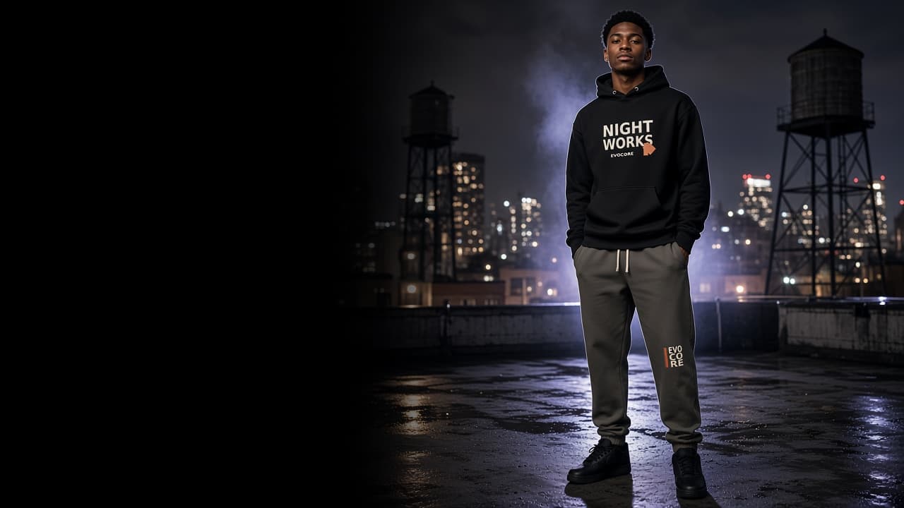 Night Works hoodie and Shift Register sweatpants styled together